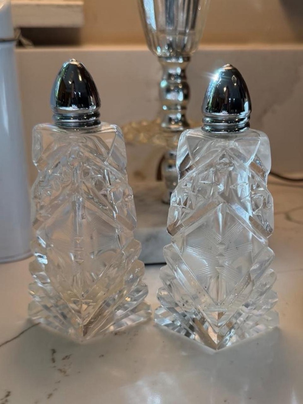 Cut Crystal Salt and Pepper Shakers with Silver Caps